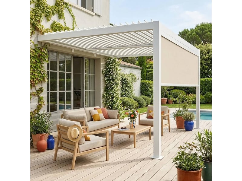 Pergola bioclimatique aluminium adossée 4x3m blanc + 1 store 4m palace - Conforama B