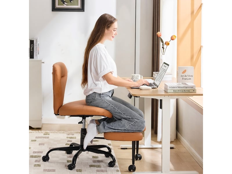  Chaise de bureau jambes croisées et chaise de méditation en cuir pu orange, 67x80x84 cm  - Conforama D