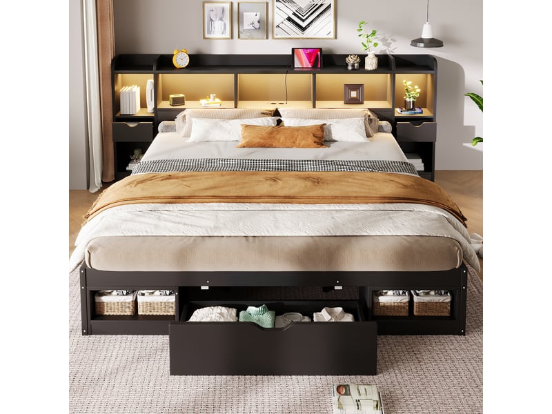 Lit plateforme noir 180 x 200 cm avec tête et pied de lit intégrant du rangement, 3 tiroirs, plusieurs compartiments, bandeau led et port usb - Conforama E