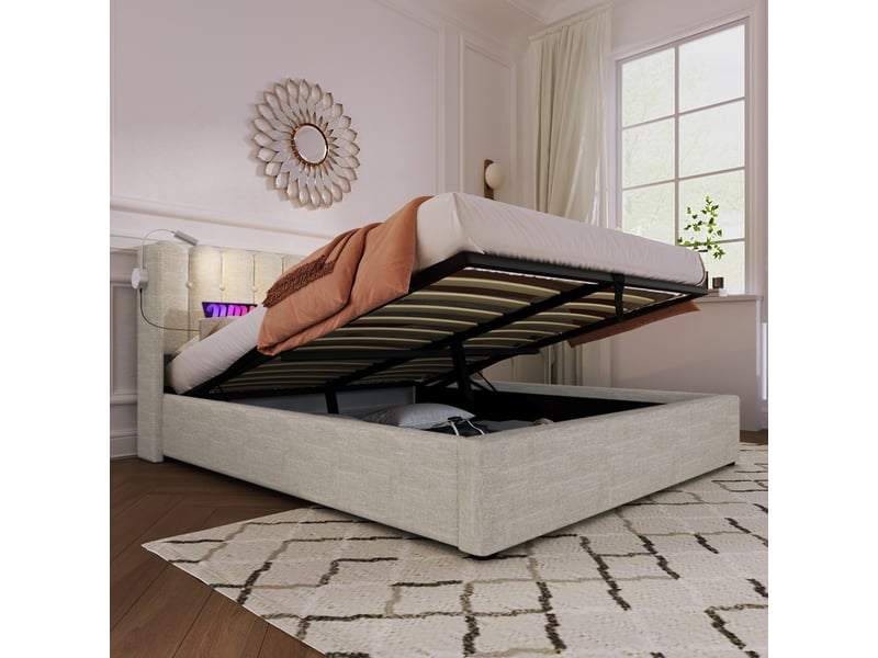  Lit double en lin beige 160 x 200 cm  - Conforama E