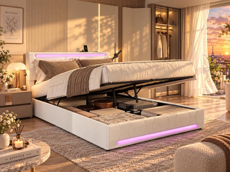  Lit 2 places 160x200 cm - led, usb - velours beige avec sommier à lattes inclus  - Conforama B