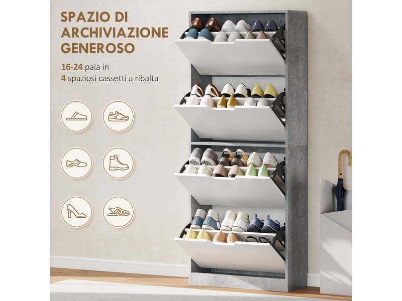 Meuble à chaussures étroit gris béton, 4 portes, 16 paires, 62,5 x 26 x 156 cm - Conforama R