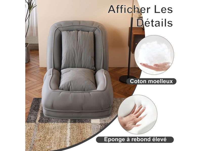 Canapé-lit ergonomique pliable gris, réglable 5 positions avec 2 coussins - Conforama D