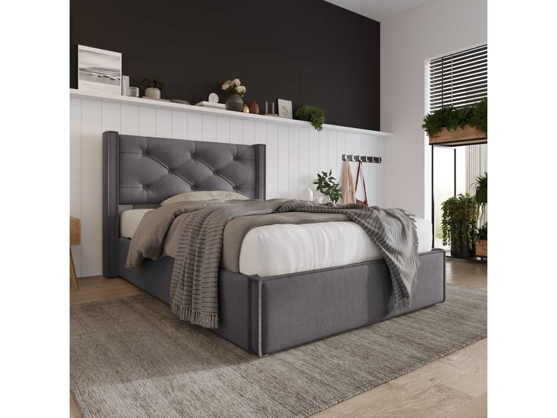  Lit coffre 90x200 cm avec matelas 25 cm, rangement hydraulique, sommier à lattes, tête de lit capitonnée, coton gris C-DEGAYUN - Conforama B