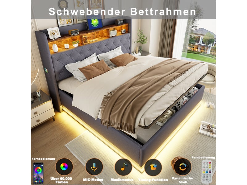  Lit capitonné led 160 x 200 cm avec coffre hydraulique, port usb, tissu lin gris, rangement  - Conforama D
