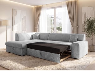 Canapé d'angle gauche convertible <strong>AX LIVING </strong> <strong>Lucera</strong> 5 places Velours côtelé gris avec coffre de rangement