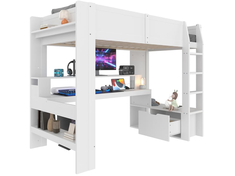  Lit mezzanine 90x200 cm avec bureau, rangements et led,coloris blanc  - Conforama A