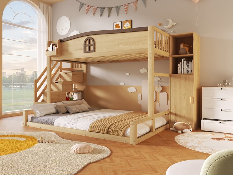  Lit superposé, 90×200 et 140×200 cm, avec étagère-escalier, armoire, espace de rangement et fenêtre décorative, coloris bois  - Conforama B