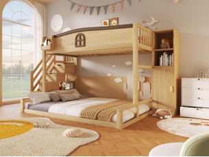 Lit superposé, 90×200 et 140×200 cm, avec étagère-escalier, armoire, espace de rangement et fenêtre décorative, coloris bois