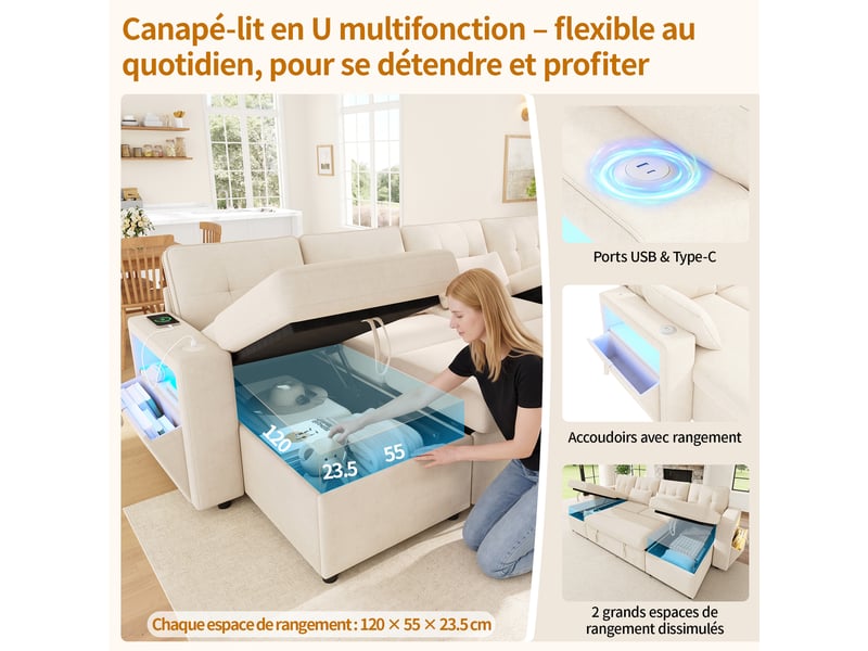  Canapé d'angle convertible en u 4 places 273 x 131 cm avec double méridienne, coffre de rangement, led et usb type-c - chenille beige  - Conforama E