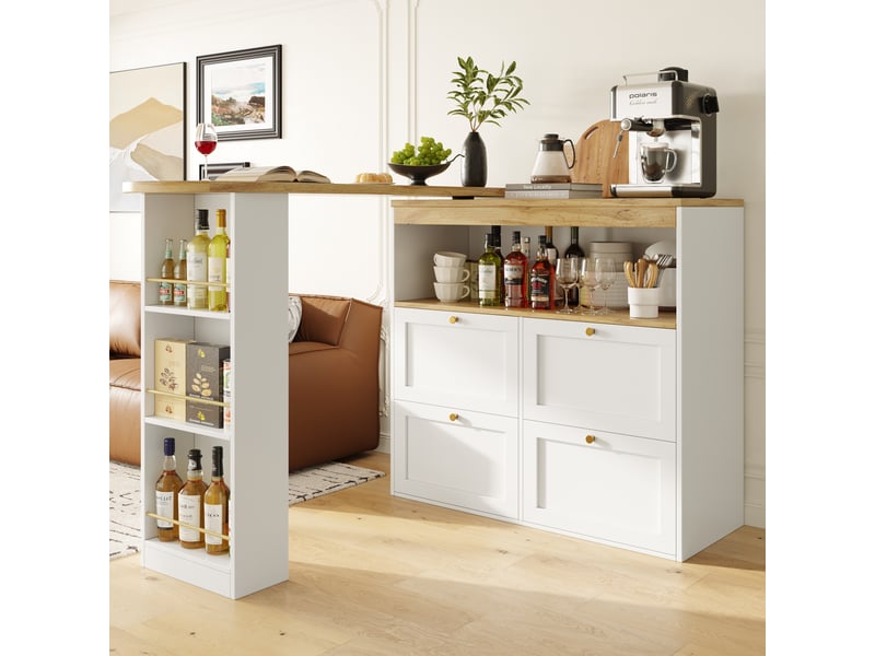  Table haute cuisine pivotante 360° blanche avec 4 tiroirs étagères mange-debout modulable cuisine salon  - Conforama D
