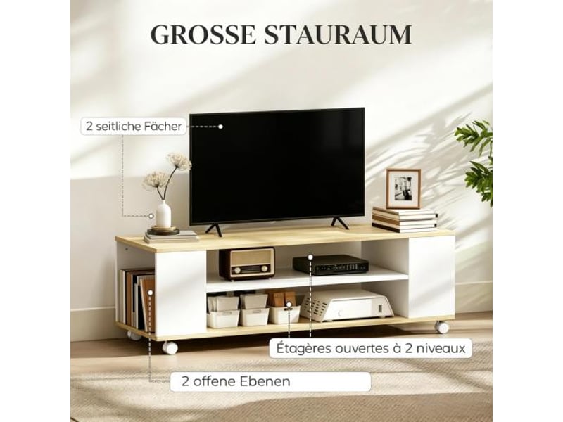  Meuble tv bas polyvalent avec roulettes — média moderne pour salon, armoire intégrée, rangement multifonction  - Conforama E