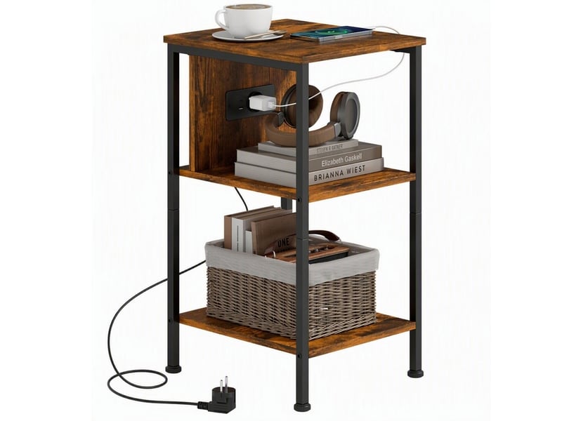  Table d'appoint avec station de charge, 2 étagères ouvertes, marron rustique et métal noir, 34 x 30 x 58 cm  - Conforama A
