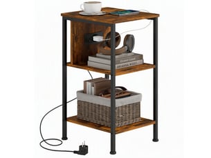 Table d'appoint avec station de charge, 2 étagères ouvertes, marron rustique et métal noir, 34 x 30 x 58 cm