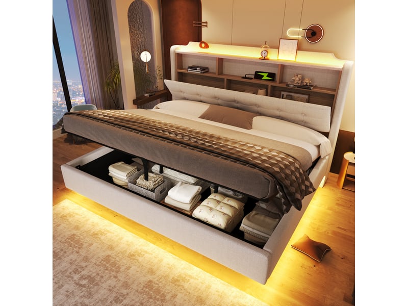  Lit coffre 2 places 180x200 cm avec rangements, led et usb, coloris beige  - Conforama D