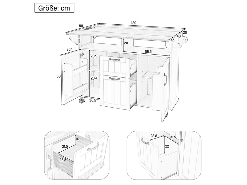  Îlot de cuisine mobile 120x40-60-80 cm avec roulettes, tiroirs et prise, mdf, noir et naturel  - Conforama C