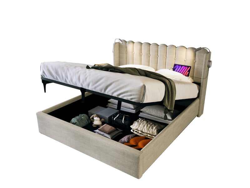  Modenvie lit coffre 140x200 cm - tête de lit avec liseuse usb et rangement, avec matelas - beige  - Conforama A