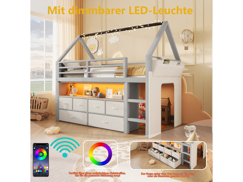  Lit surélevé cabane 90 x 200 cm, 6 tiroirs textiles, guirlande led, rideau et poche latérale, échelle, sommier à lattes inclus, pin et mdf, gris Luxe haut de gamme - Conforama R