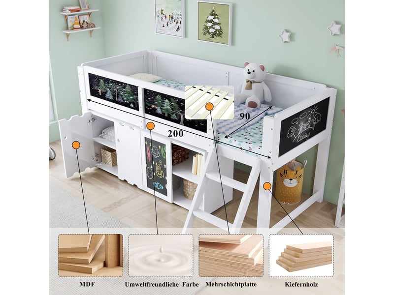 Lit enfant 90x200, garde-corps sécurité lit combine enfant, rangement armoire double porte, tableau ardoise intégré, structure pin mdf contreplaqué blanc - Conforama D