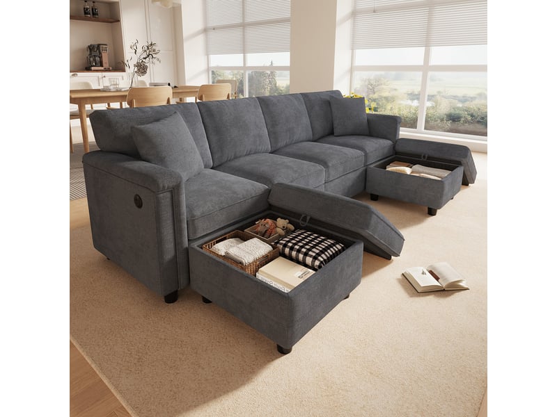  Canapé d'angle moderne ,4 places, avec 2 tabourets de rangement et 2 coussins décoratifs ,261 × 134 × 82 cm,gris  - Conforama D
