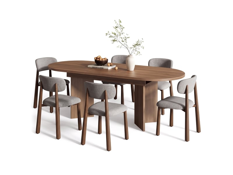 Ensemble table à manger extensible + 6 chaises – 140/180x90 cm – noyer – coins arrondis – plateau épais – chaises dossier rembourré design ergonomique - Conforama A