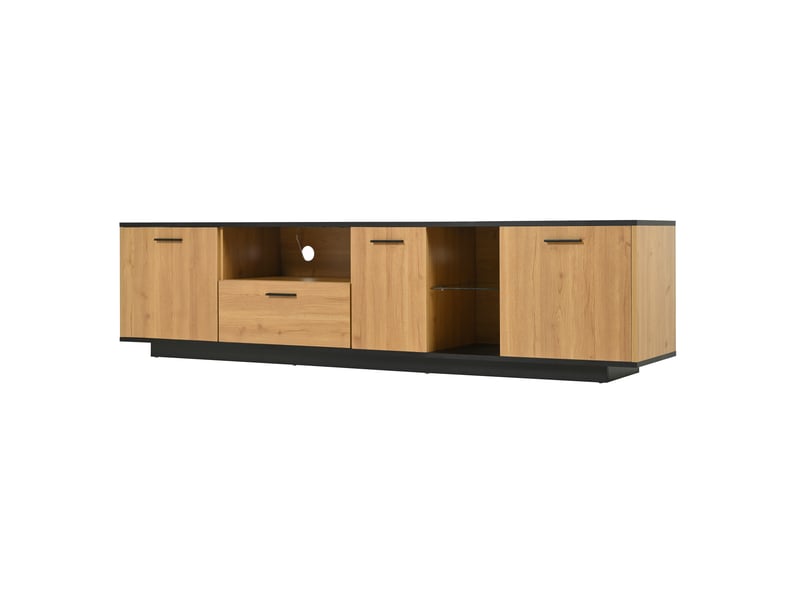  Meuble tv noir et effet bois naturel, 3 portes, 1 tiroir, 2 niches vitrées, led 16 couleurs  - Conforama E