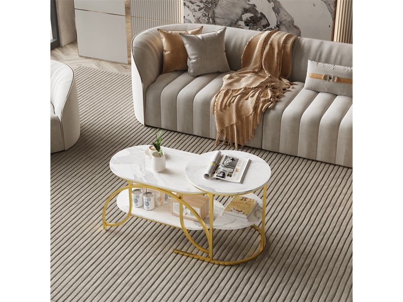 Table basse gigogne 114x46x51cm - plateau effet marbre étagère rangement cadre métal moderne salon - doré et blanc - Conforama B