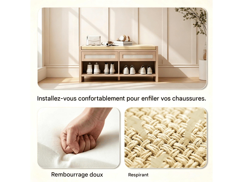  Banc à chaussures avec coussin 2 tiroirs en rotin pe et étagère 108x35x50 cm T5828P549554 - Conforama D