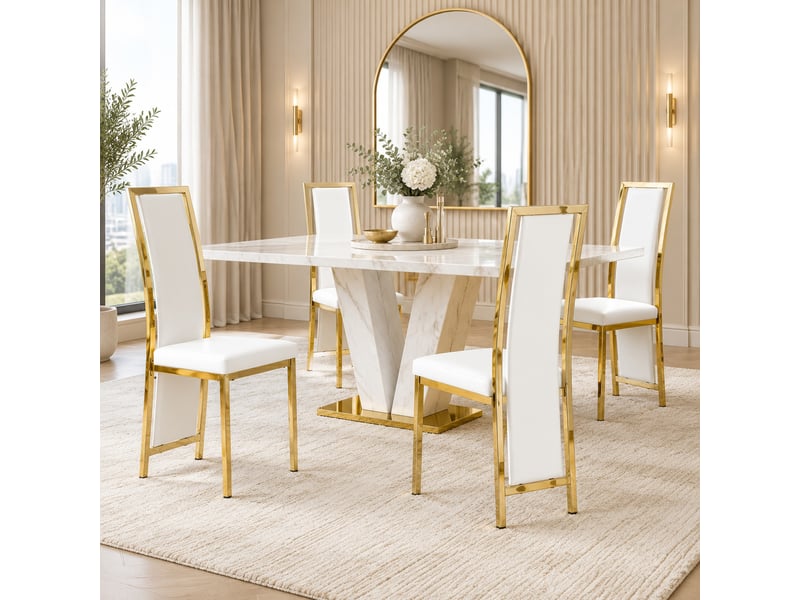  Chaises de salle à manger lot de 4 à dossier haut ergonomique  - métal, similicuir blanc et doré  - Conforama B