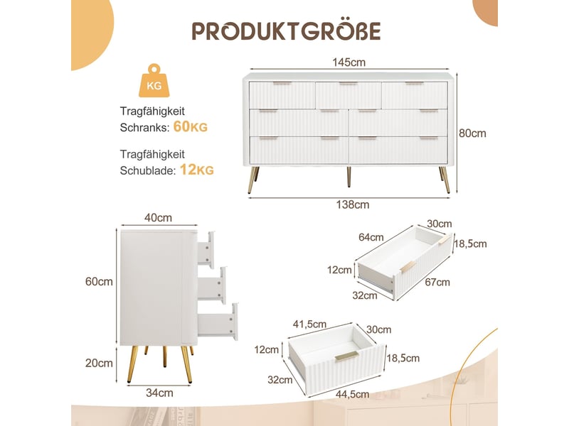  Commode à 7 tiroirs, 145 x 40 x 80 cm, glissières à fermeture douce, poignées métal et pieds hauts, blanc  - Conforama C