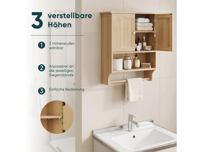  Meuble de rangement salle de bain 60x20x70 cm – chêne clair – 2 portes, étagère ouverte et porte-serviettes  - Conforama E