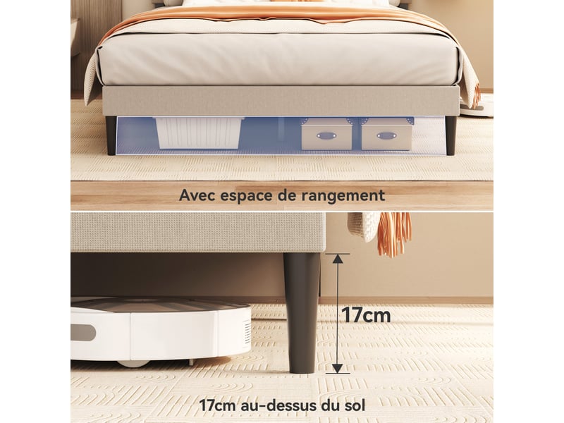  Lit 140 x 190 avec sommier,cadre de lit en métal robuste et durable, lattes en bois,lin beige  - Conforama B