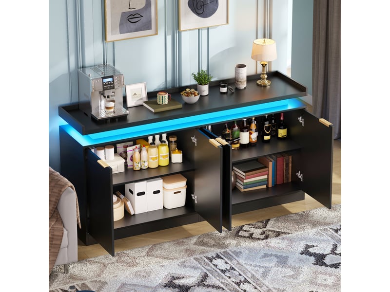 Buffet noir avec led 160 cm salle à manger, meuble de rangement 4 portes en mdf, commode moderne - Conforama D