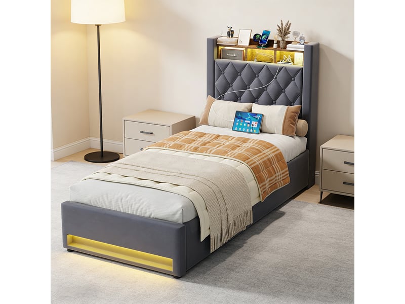  Lit 1 personne 90x200 cm avec rangement, led et usb gris homvra  - Conforama E
