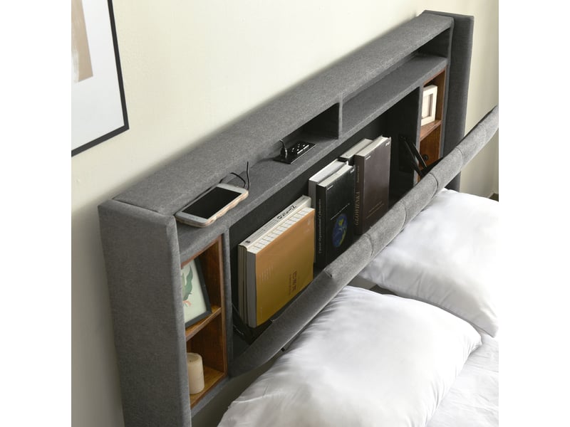  Lit double 140x200cm avec tête de lit à rangement, 2 chevets, éclairage led, port usb, sans matelas, lin, gris  - Conforama E