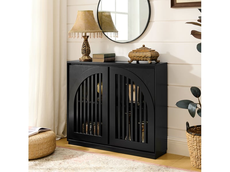  Buffet étroit style mid-century moderne avec fronts rainurés et 2 passages de prise, meuble de rangement noir pour salon, entrée, cuisine ou coin café 4071258408425 - Conforama C