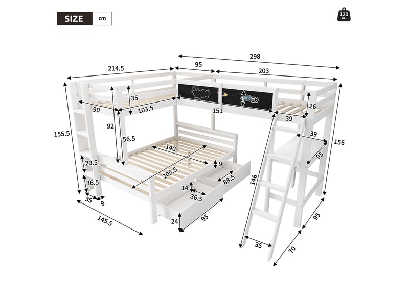  Lit mezzanine enfant 3 couchages avec bureau et tiroirs, blanc et coloris chêne  - Conforama E