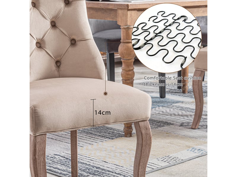 Lot de 4 chaises de salle à manger en velours beige, dossier haut capitonné, pieds bois massif, style élégant - Conforama E