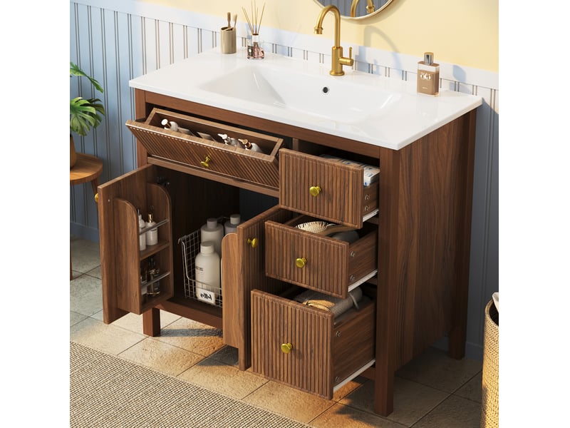  Meuble sous vasque 91x48x88 cm avec vasque céramique, 4 tiroirs, coloris noyer  - Conforama D