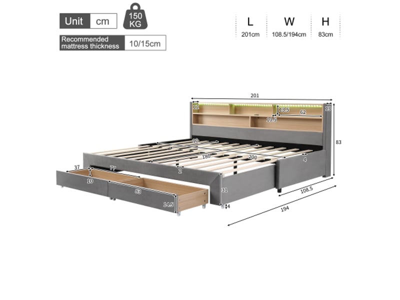  Lit-canapé 90x200 cm, couchage 180 cm, velours gris, usb, led, 2 tiroirs, convertible, design moderne  - Conforama C