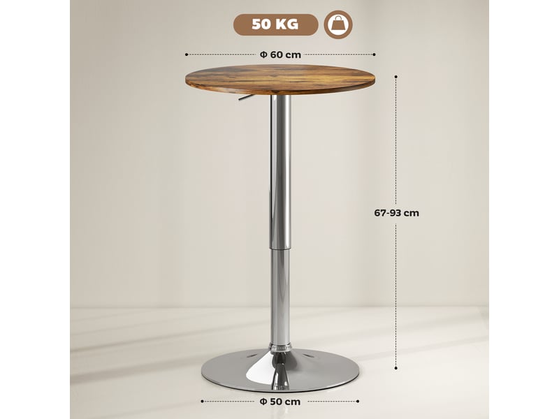  Table de bar table bistro mange-debout hauteur réglable 67-93 cm plateau pivotant 360° marron  - Conforama E