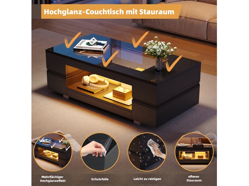  Table basse avec 2 niveaux, plateau brillant, led contrôlée par application, pour salon, 100 × 50 × 35 cm  - Conforama E