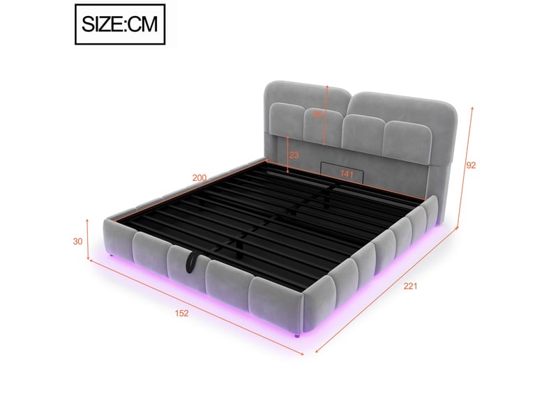  Lit coffre 140 × 200 cm 2 places avec led réglable et rangement hydraulique, sans matelas, en velours gris  - Conforama D