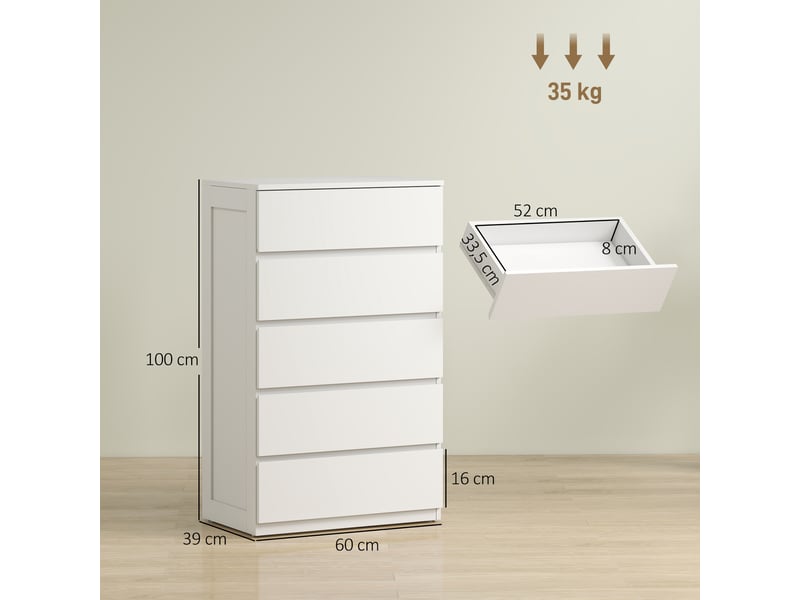  Commode 5 tiroirs meuble de rangement sans poignées design minimaliste 60 x 39 x 100 cm blanc  - Conforama E