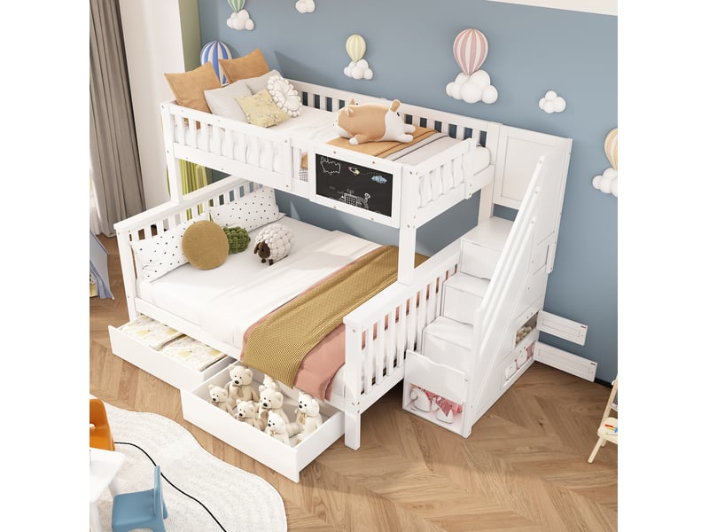 Lit superposé enfant 90x200 cm et 140x200 cm avec tableau et rangements, bois et mdf, blanc, sans matelas - Conforama B