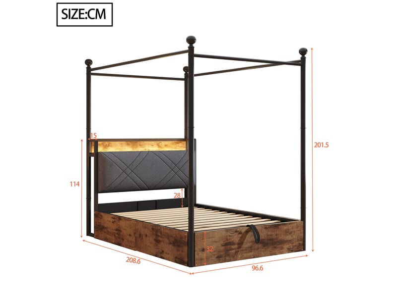 Lit baldaquin 90x190 cm, coffre modulable, dossier rembourré, éclairage led, métal, mdf, noir, motif bois, sans matelas - Conforama C