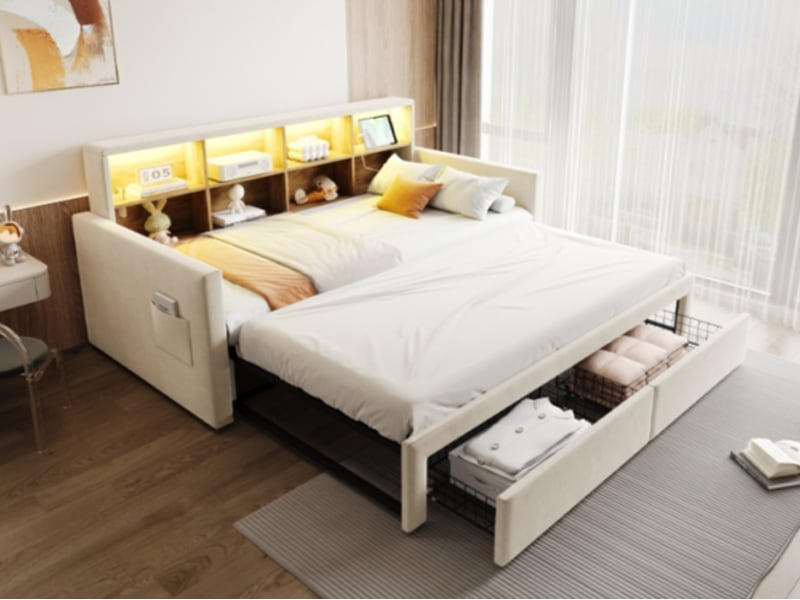 Lit gigogne,90/180x190 cm,tête rangement,led,usb type-c,tiroirs,velours,beige - Conforama B