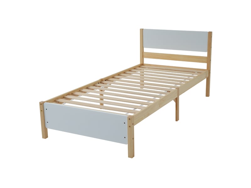  Lit simple 90x200 cm, cadre en pin avec pied central, tête et pied en mdf, blanc et naturel, pour enfant  - Conforama E