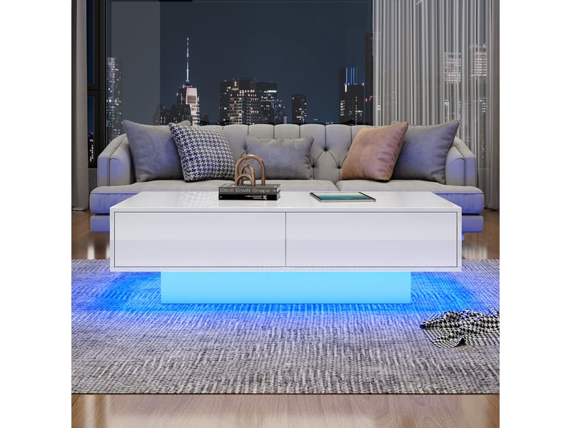 Table basse blanche brillante avec led, 115x55x34 cm, table de salon moderne avec 2 tiroirs, capacité 30 kg - Conforama E