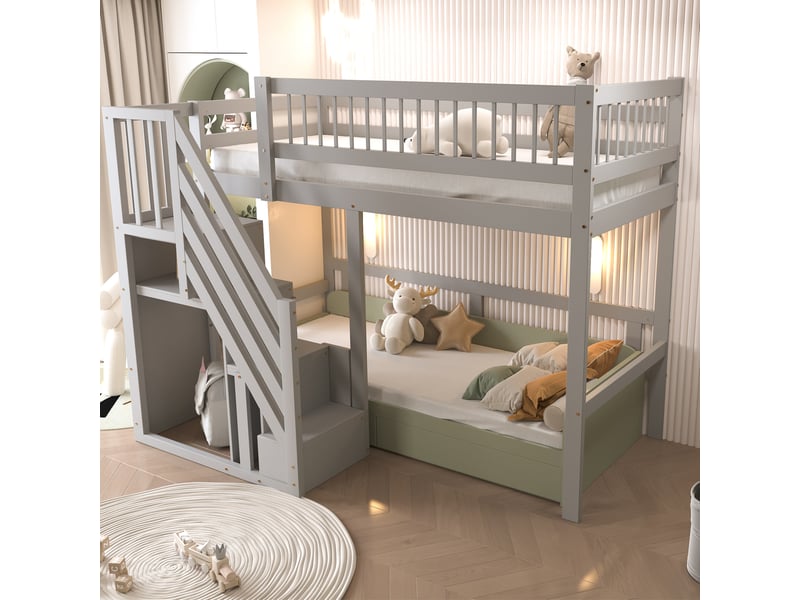 Lit superposé enfant 90x200 cm, avec compartiment de rangement, garde-corps, un seul sommier, pin gris, sans matelas - Conforama D
